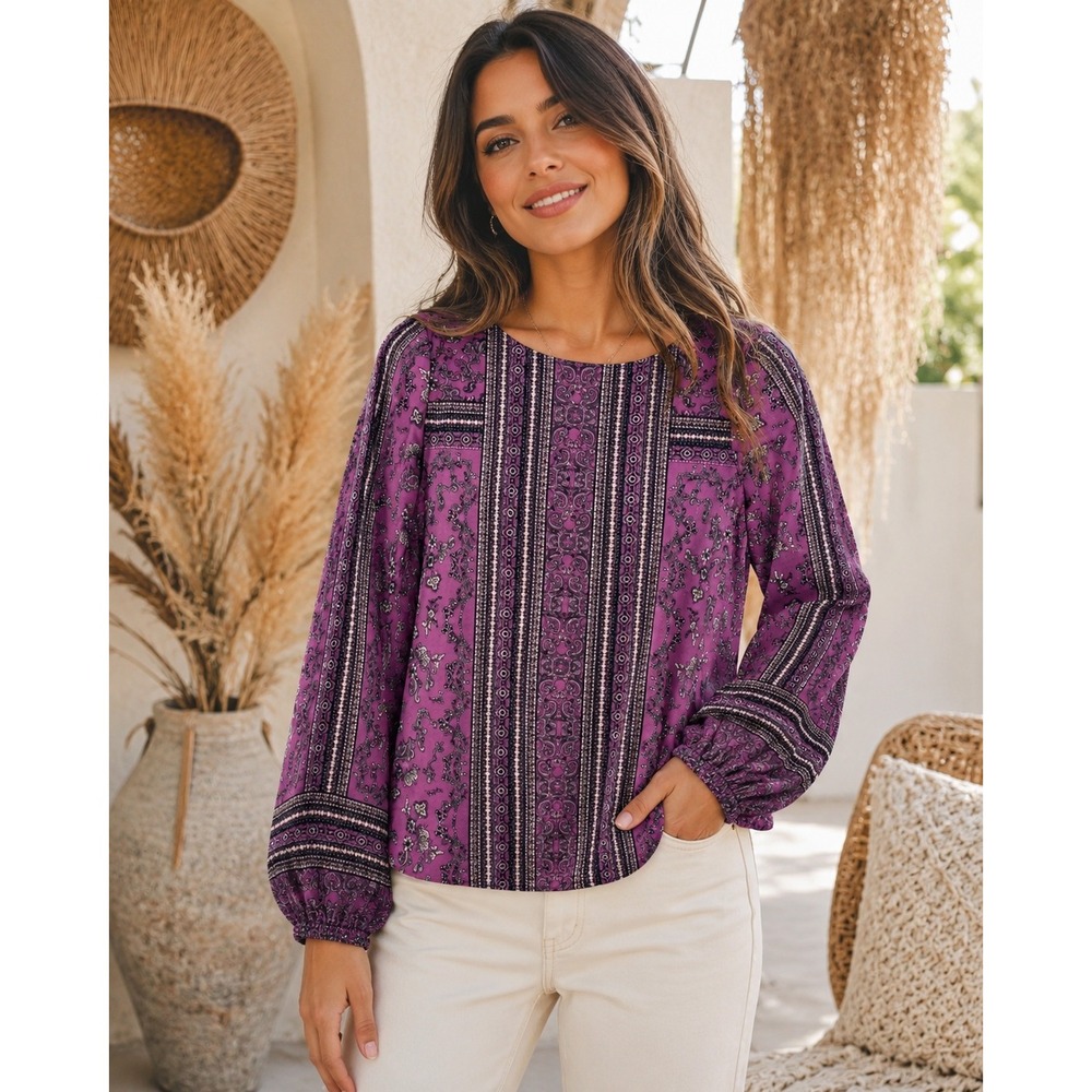 k28. Susan Graver Artisan Purple Paisley Rhinestone Border Print Tunic Top XXS